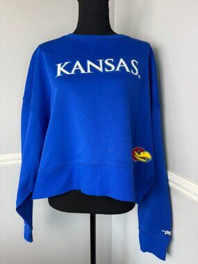 Royal Kansas M Women's Jayhawks Sequin Boxy Cropped Pullover Crewneck Sweatshirt